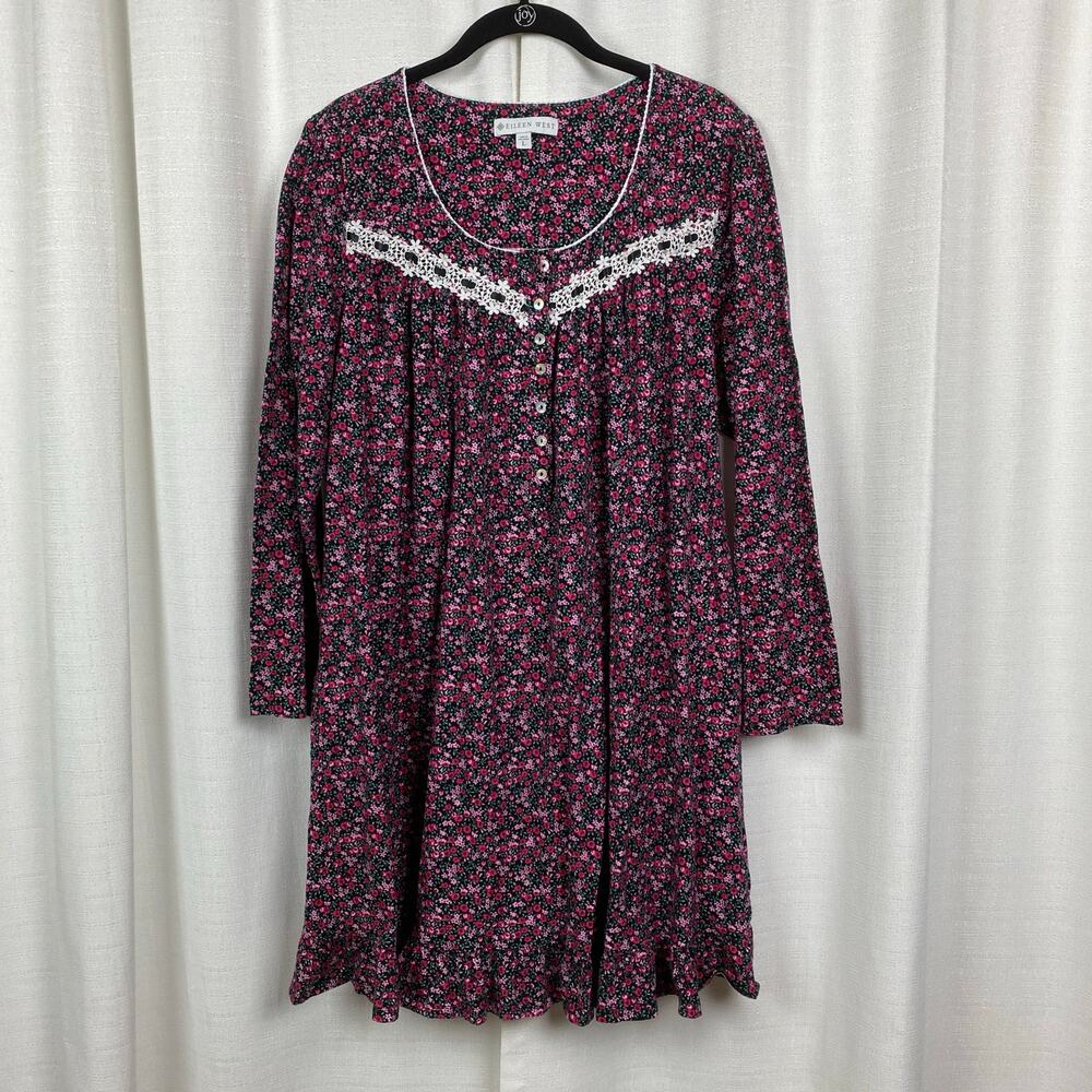 Eileen West Pink Floral Long Sleeve Short Nightgown Sz.L